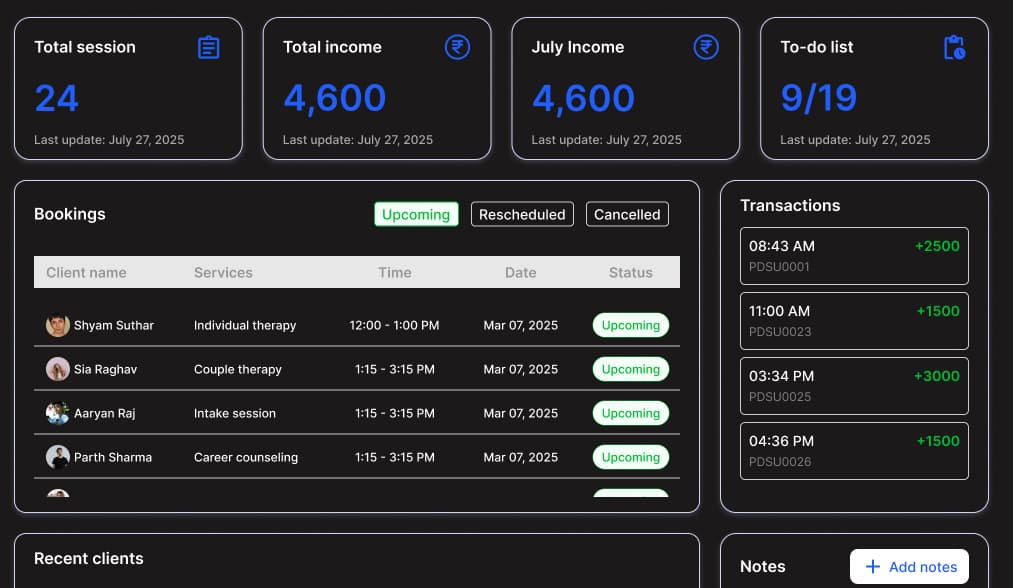 Therapy practice management software dashboard - PsychDesk